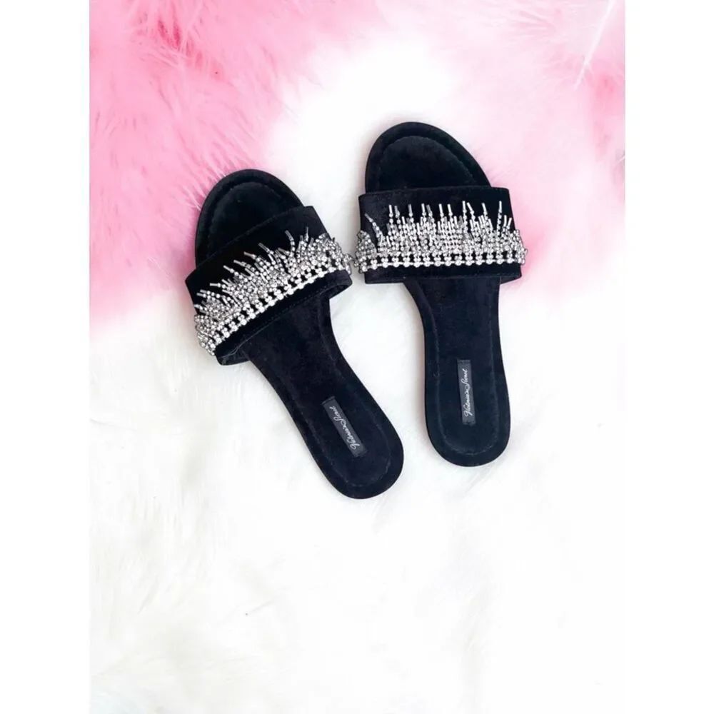 Victoria’s Secret l Black Silver Fringe Bling Flat Slippers, Slides l Med 8-9